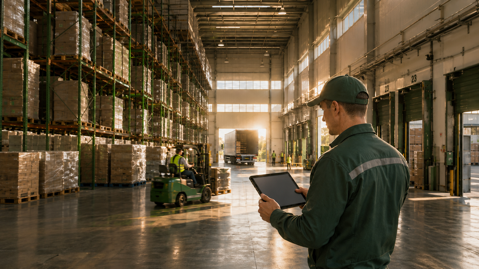 Commercial warehouse setting for monitored pest-management routes.