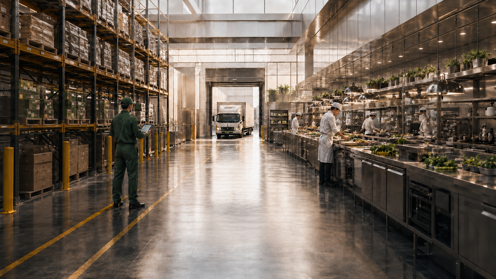 Food-processing corridor where device networks require inspection records.