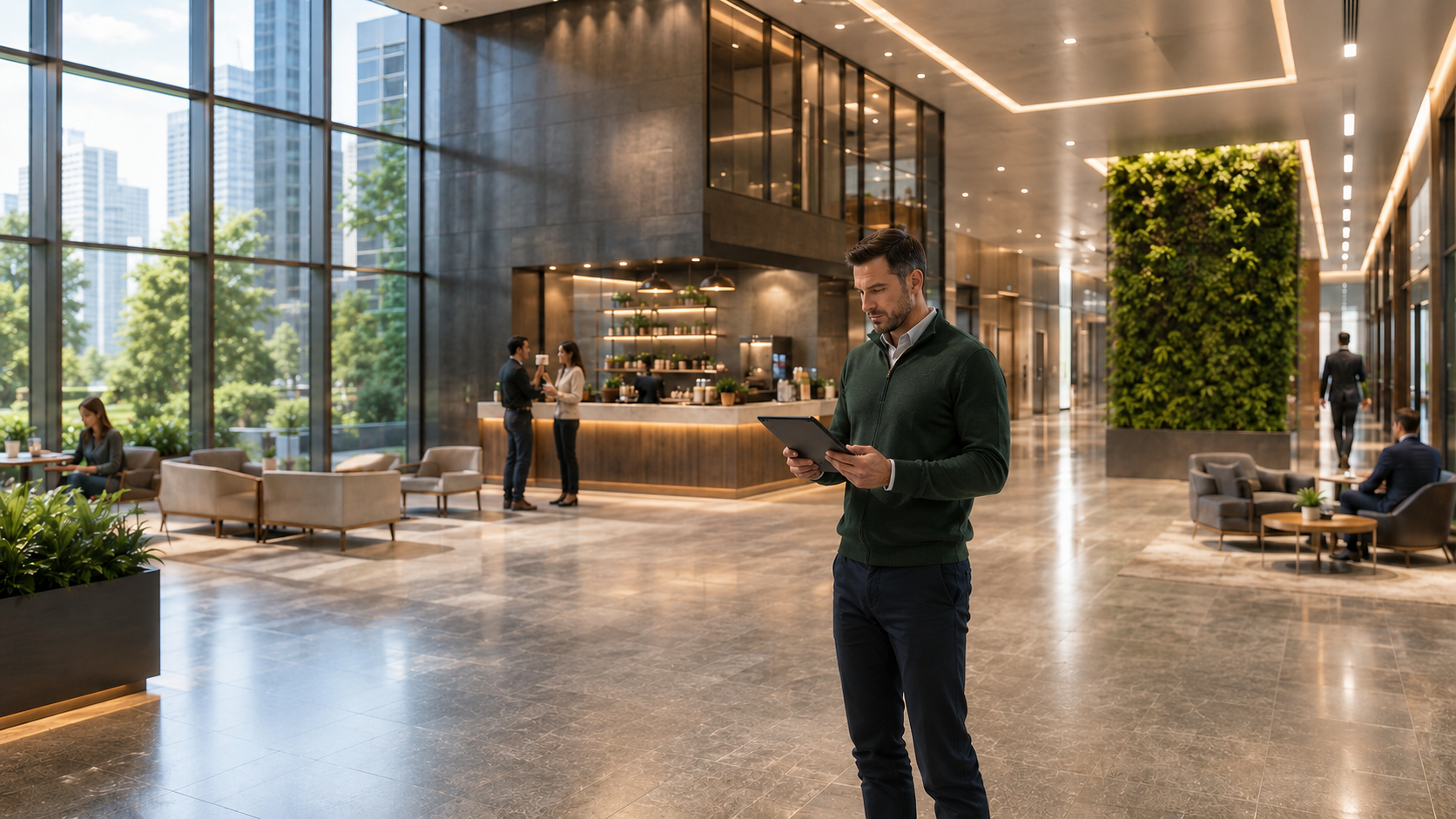 Corporate lobby setting for client-ready building-health proof.